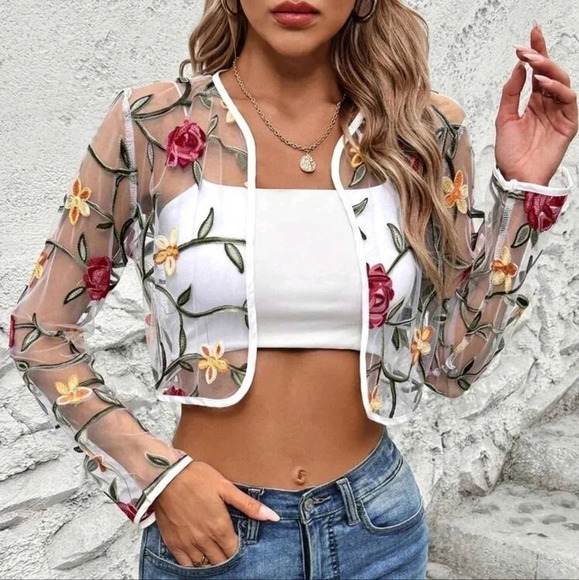 Sheer Mesh Floral Embroidery See Through Front Open Short Jacket With Long Sleev - Picture 3 of 6